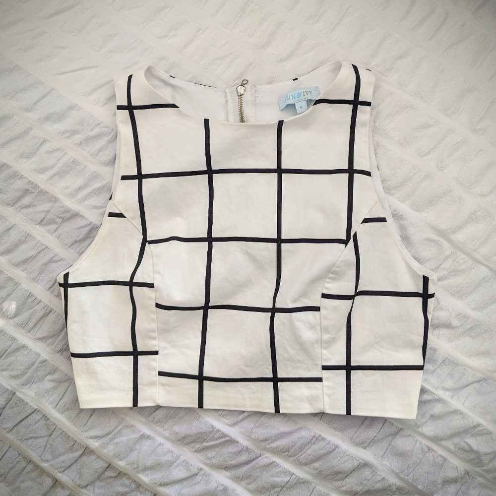 Black and White Checked Zippered Crop Top